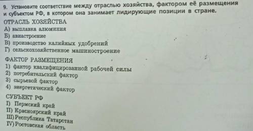 Установите соответствие между отраслью хозяйства, фактором её размещения и субъектом РФ, в котором о