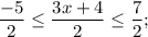 \dfrac{-5}{2} \leq \dfrac{3x+4}{2} \leq \dfrac{7}{2};