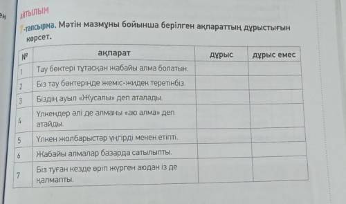 АЙТЫЛЫМ 7-тапсырма. Мәтін мазмұны бойынша берілген ақпараттың дұрыстығын көрсет.