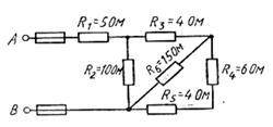 Цепь постоянного тока содержит шесть резисторов, соединенных смешанно. Схема цепи и значения резисто