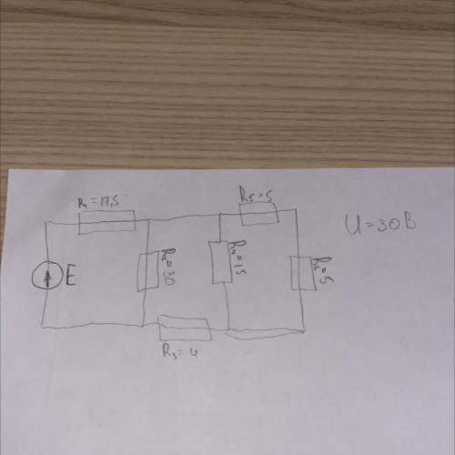 R1=17,5 Ом R2=30 Ом R3=4 Ом R4=15 Ом R5=5 Ом R6=5 Ом U=30 В Найти силу тока I-?