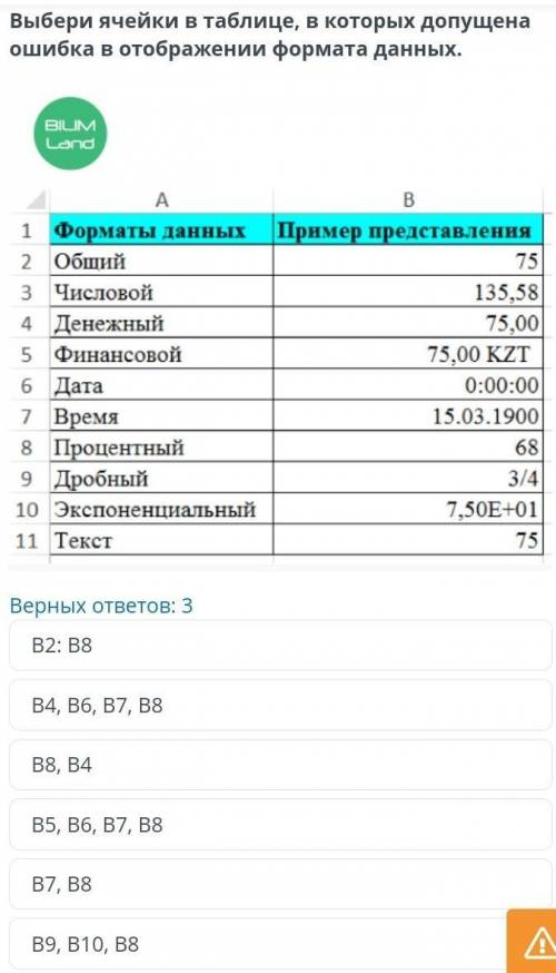 Типы данных Выбери ячейки в таблице, в которых допущена ошибка в отображении формата данных. Верных