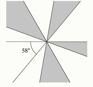 На рисунке изображены 5 прямых, пересекающиеся в одной точке. Один из получившихся углов равен 58∘.