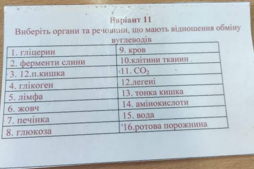 Завдання на фото. Потрібно вибрати органи та речовини, що мають відношення до обміну вуглеводів