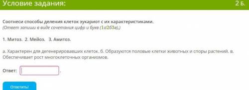 Соотнеси деления клеток эукариот с их характеристиками. (ответ запиши в виде сочетания цифр и букв (