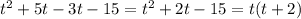 t^{2} +5t-3t-15 = t^{2} + 2t-15 = t(t+2)