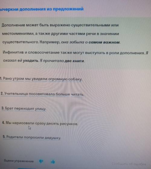 Вычеркни дополнения из предложений Дополнение может быть выражено существительными или местоимениями