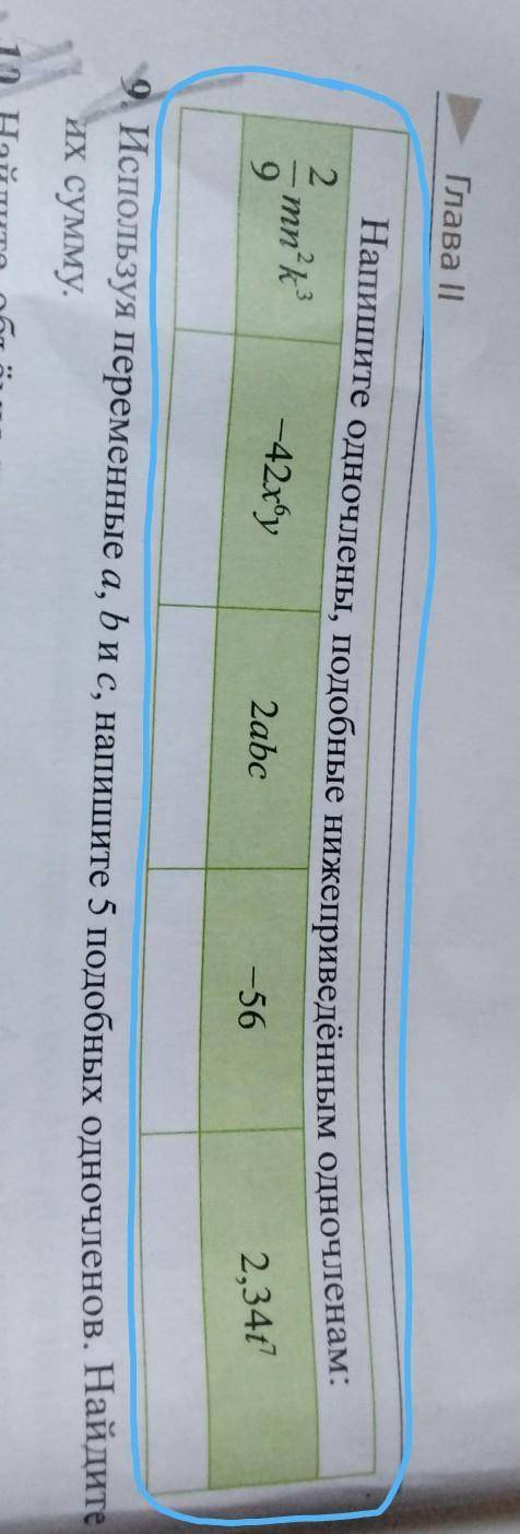 Напишите одночлены, подобные нижеприведённым одночленам: 2/9mn²k³-42x⁶y2abc-562,34t⁷