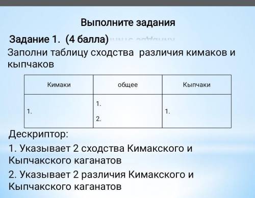 Напишите отличия и сходства кыпчаков и кимаков.МНЕ ЕАДО