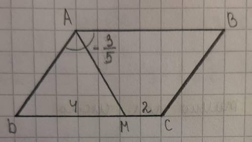 Биссектриса угла параллелограмма ABCD пересекает сторону CD в точке М так, что DM = 4, CM = 2. Найди