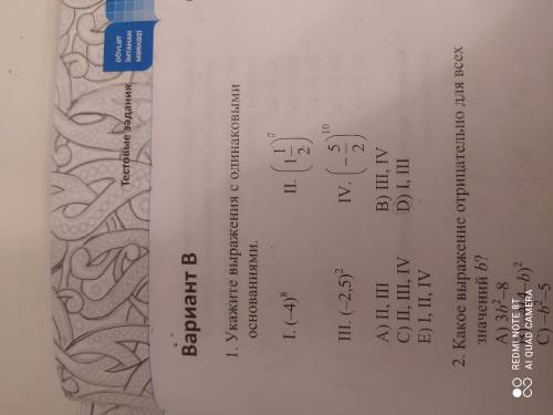 1. Укажите выражения с одинаковыми основаниями. 1)(-4)⁸ 2)(1 1/2)⁷ 3)(-2,5)² 4) (-5/2)¹⁰