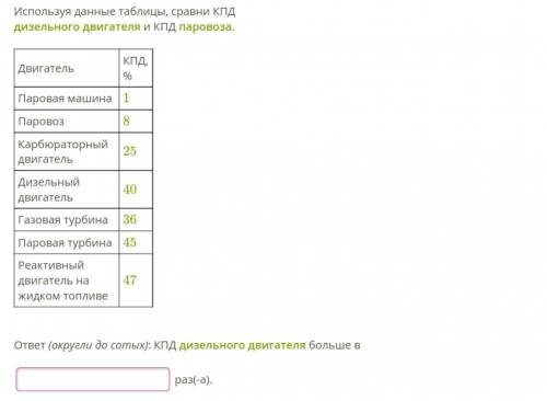 Используя данные таблицы, сравни КПД  дизельного двигателя и КПД паровоза.