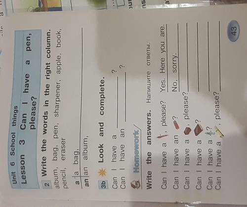 2 Write the words in the right column. 3b.Look and complate.homeworkWrite the answers.