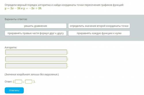 Определи верный порядок алгоритма и найди координаты точки пересечения графиков функций: y=2x−24 и y