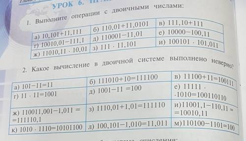 УРОК 6. 1. Выполните операции с двоичными числами: a) 10,101+11,111 6) 110,01+11,0101 r) 10010,01-11