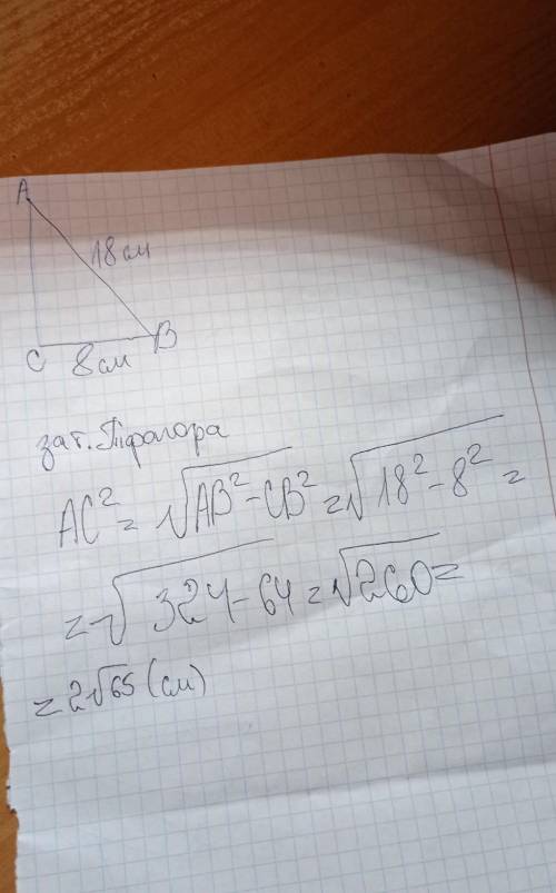 Дано трикутник АВС у якому гіпотенуза АВ=18 см а катет ВС =8 знайти катет АС