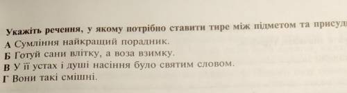 Укажіть речення, у якому потрібно ставити тире між підме A Суміння найкращий порадник. Б Готуй сани