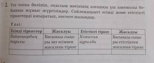 2. Үш топқа бөлініп, оқылым мәтінінің алғашқы үш азатжолы бо- йынша жұмыс жүргізіңдер. Сөйлемдердегі