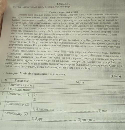 1-тапсырма. Мәтiннiң ерекшелiгiне талдау жаса. ЕрекшелігіМәтіннiң идеясы:Мәтiндегi макал:Эпитеттер1)