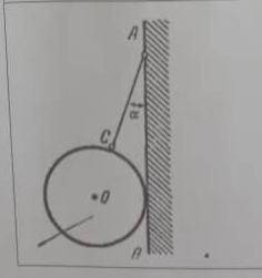 Однородный шар подвешивается к стене АB с кабеля переменного тока. Верёвка образует угол со стеной,