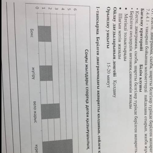 1-тапсырма. Берілген диаграммадағы ақпаратты қолданып, сөйлем құрастырыңыз. Соңғы жылдары спортқа де