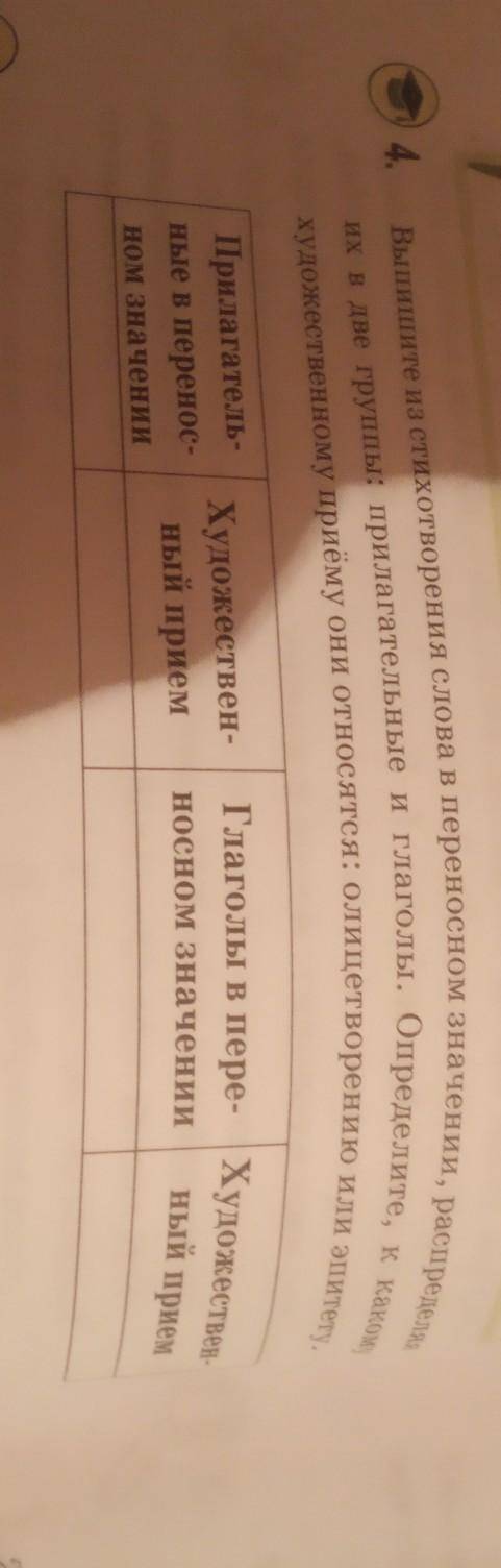 Выпишите из стихотворения слова в переносном значении, распределяя их в две группы: прилагательные и