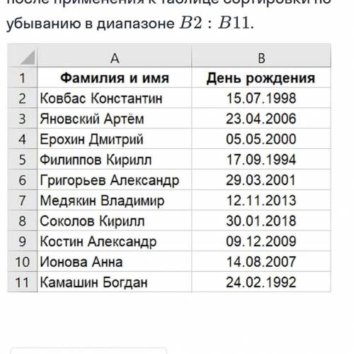 Расставь содержимое ячеек в нужном порядке На рисунке представлена таблица «Дни рождения».Определи,к