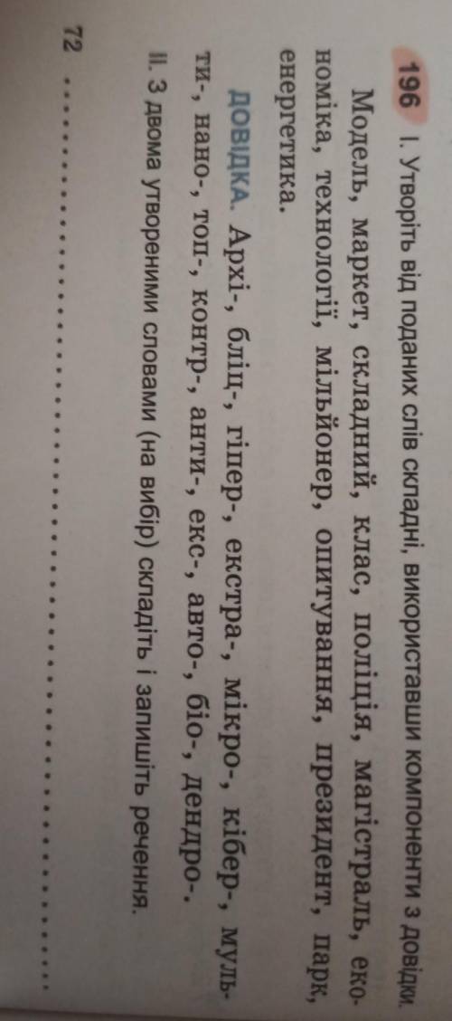196 1. Утворіть від поданих слів складні, використавши компоненти з довідки. Модель, маркет, складни
