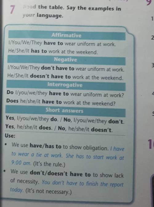 Affirmative I/You/We/They have to wear uniform at work. He/She/It has to work at the weekend. Negati