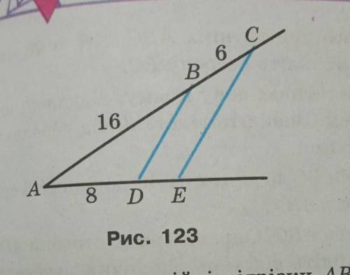 На рисунку BD | CE, AB = 16 см, ВС = 6 см, AD = 8 см. Знайдіть відрізок DЕ.