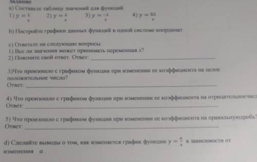 Задание а) Составьте таблицу значений для функций: 1) у = 1/х. 2) у = 2/х. 3) y = -1/х. 4) y = 0,5/х