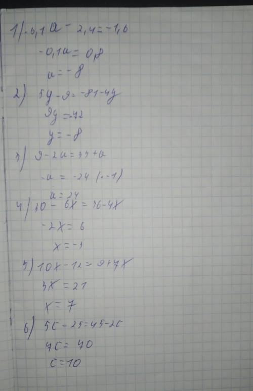 1) -0,1a-2,4=-1,6 2) 5y-9=-81-4y 3) 9-2a=33+a 4) 30-6x=36-4x 5) 10x-12=9+7x 6)5c-25=45-2c