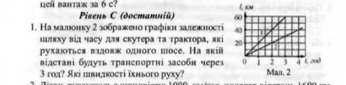 На малюнку 2 зображено графіки залежності шляху від часу для скутера та трактора, які рухаються вздо