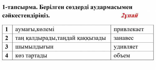 1-тапсырма. Берілген сөздерді аудармасымен сәйкестендіріңіз. 2ұпай 1 аумағы,көлемі привлекает 2 таң