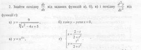 Знайти похідну dy/dx від заданих функцій а), б), в) і похідну d^2y/dx^2 від функції г):