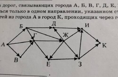 На рисунке схема дорог, связывающих города А, Б, В, Г, Д, Е, Ж, З, И, К. По каждой дороге можно двиг