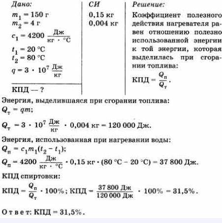 4) Чему равен КПД горелки, если при сгорании 40 г спирта на ней удалось нагреть 200 г воды на 50°С?