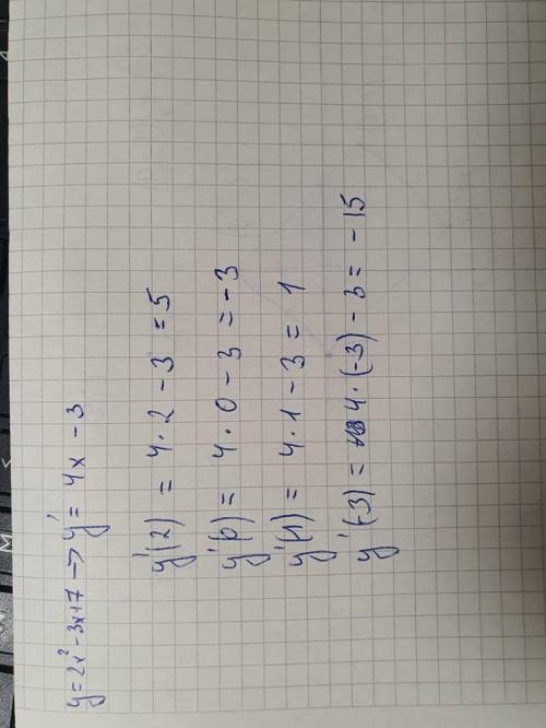 Дана функция y=2x2–3x + 7. Установите соответствие между производными функции в соответствующих точк