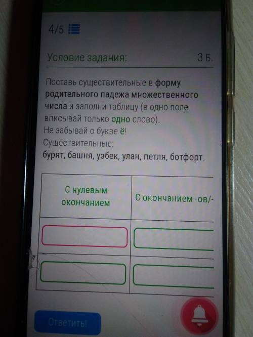 Поставь существительные в фо родительного падежа множественного числа и заполни таблицу СУЩЕСТВИТЕЛЬ