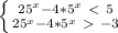 \left \{ {{25^x-4*5^x\ \textless \ 5} \atop {25^x-4*5^x\ \textgreater \ -3}} \right.