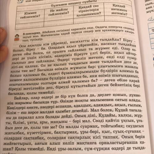 9-тапсырма. Мәтін бойынша кестені толтыр. Абайдың сегізінші қарасөзі Архаизмдер Дисфемизмдер Тарихи