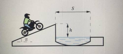 Мотоциклист хочет перепрыгнуть через ров, параметры которого следующие: альфа= 30°, S = 30м, h = 5м.