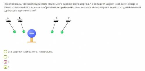 Предположим, что взаимодействие маленького заряженного шарика А с большим шаром изображено верно. Ка