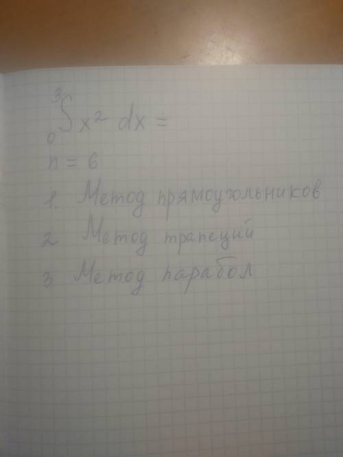 РЕШИТЬ Интеграл от 3 до нуля x^2 dx= n=6 1.Метод прямоугольников 2.Метод трапеций 3.Метод парабол