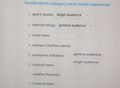 Decide which category each media represents sport results target audience 12 cartoon strip general a