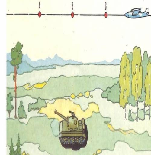 В какой примерно точке (А, В или С) нужно сбросить бомбу при горизонтальном полете самолета, чтобы о