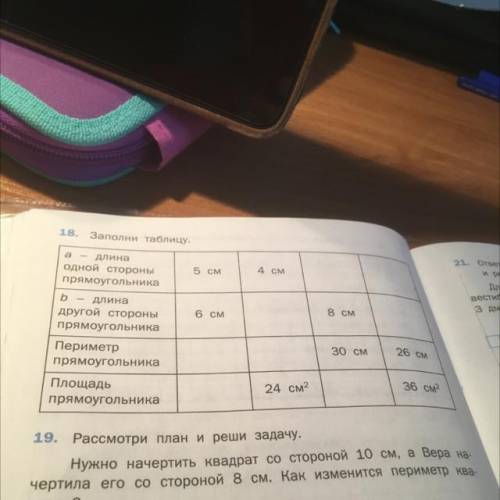 IR Заполни таблицу, 6 см 4 см 21. Осее и о An вести ЗАМ 6 см 8 см - длина одной стороны прямоугольни