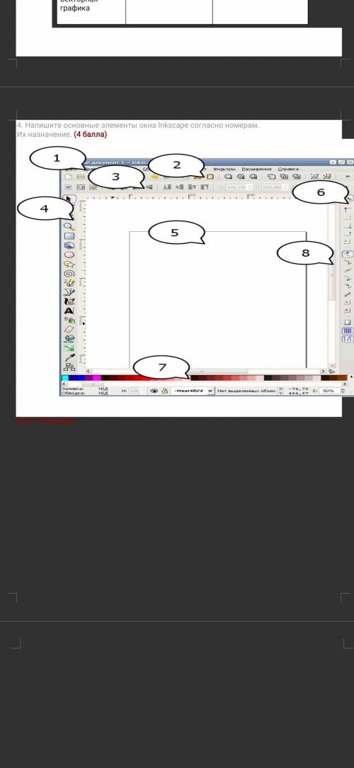 Ребят Напишите основные элементы окна inkscape согласно номерам.Их значения