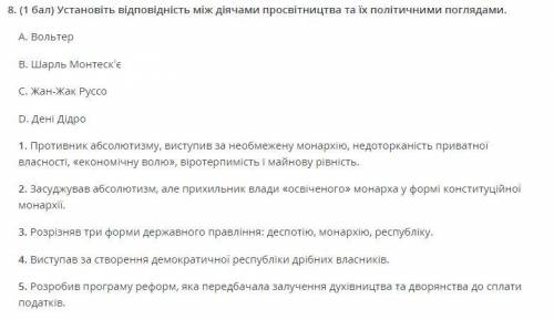 Установіть відповідність між діячами просвітництва та їх політичними поглядами.