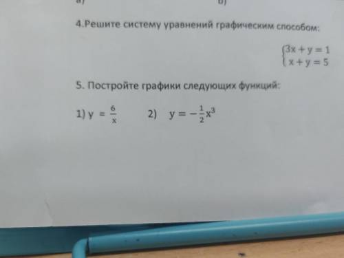 4.Решите систему уравнений графическим : - (3х + y = 1 (x+y= 5 5. Постройте графики следующих функци